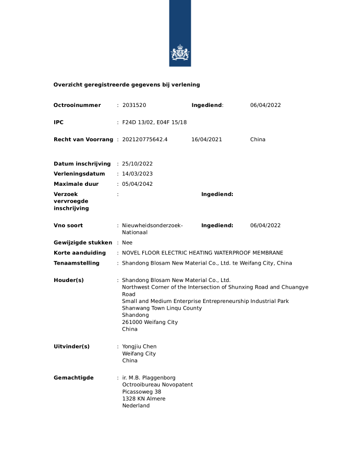 Underfloor heating mat UM605 Patent in Netherland